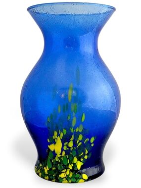 Handblown Blue Art Glass Vase 8" Bubble Glass Green Yellow Accent